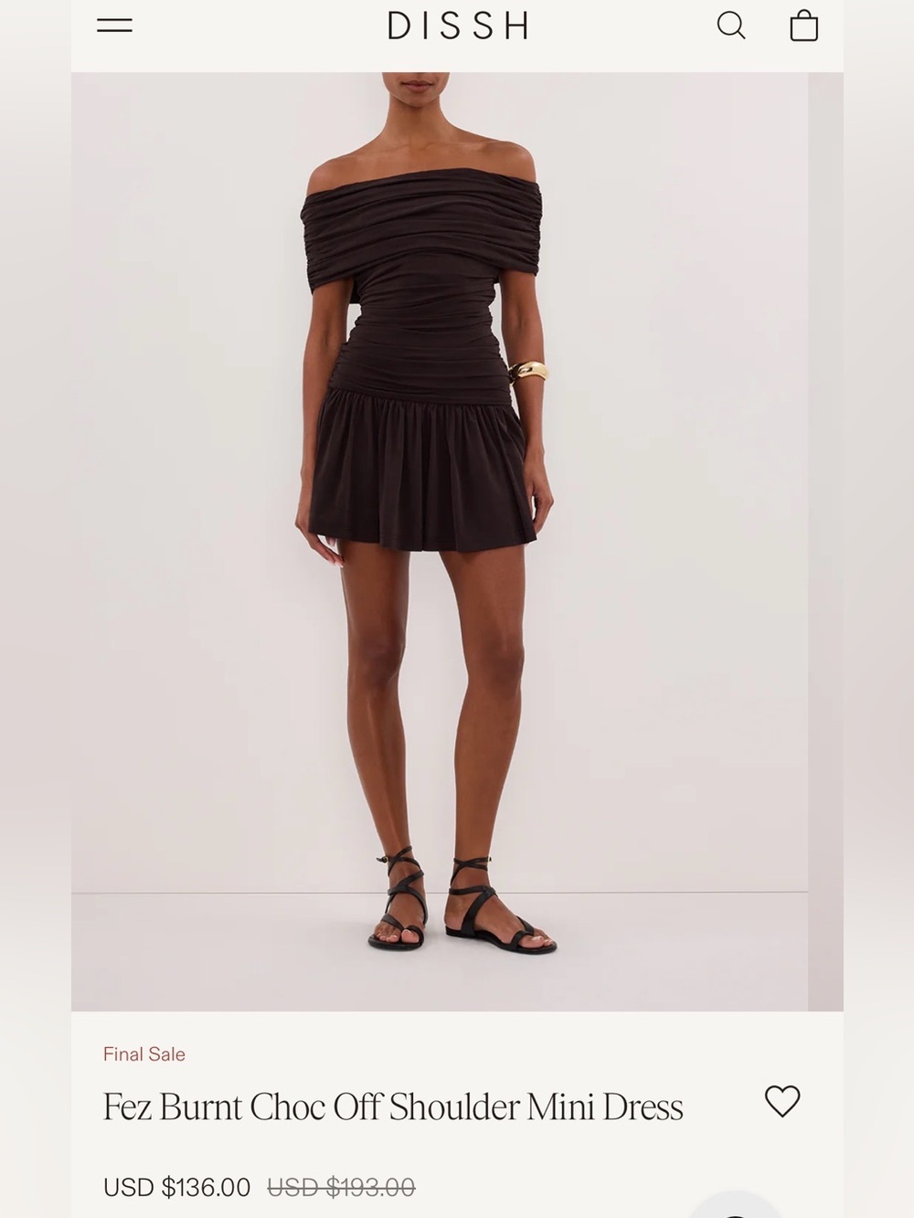 DISSH Off-Shoulder Ruched Mini Dress - Chocolate Brown
